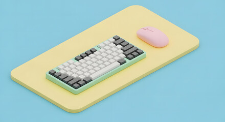 Isometric 3D illustration of a modern office workspace with a pastel computer keyboard, pink mouse, and yellow desk mat on a blue background