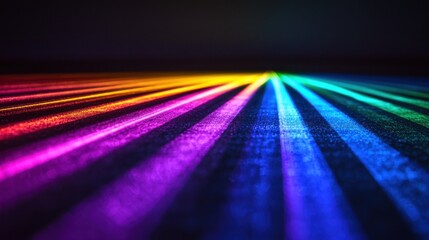 Laser interference bands creating vibrant rainbow spectrum with radial light beams and optical diffraction patterns on dark background for science education