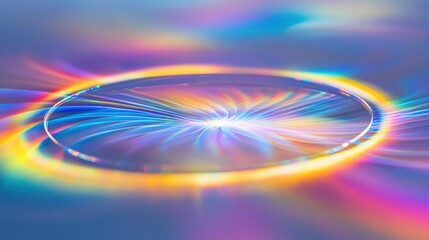 Light interference fringes creating spectacular laser diffraction patterns with radiating rainbow spectrum in vibrant blues purples yellows forming circular waves