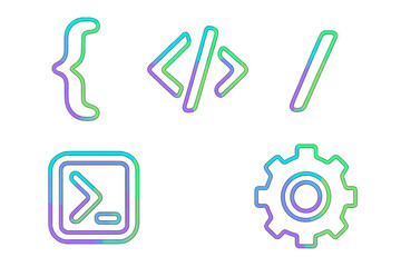 Colorful gradient programming symbols and development icons set for web and software design and user interface elements