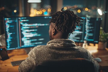 African man coding late night on computer