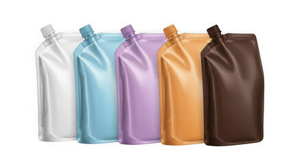 3d assorted color stand up pouches isolated on transparent background