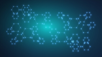 Wall Mural - Modern science background with lines, dots and hexagons. Wave flow abstract background. Molecular structure for medical, technology, chemistry, science. Vector illustration