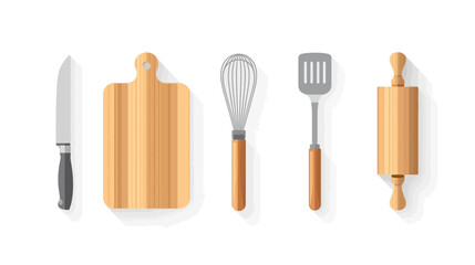 Kitchen utensils: knife, cutting board, whisk, spatula, and rolling pin.