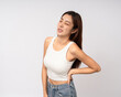 © Chanakon - Asian woman has problem with structural posture She had neck and shoulder pain. She massaged her neck and shoulders for relief. reduce muscle tension. Unwell unhealthy on isolated white background