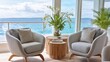 © InteriVio - elegant yacht salon with designer armchairs, wooden table, soft cushions, panoramic windows showing tropical sea view, relaxed vacation mood