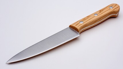 Elegant kitchen knife featuring a shiny silver blade and a natural wood handle with metallic rivets, lying horizontally on a smooth white surface.