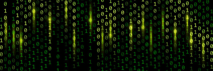 Binary rain background with glimmer and glowing light. Binary code with green light.