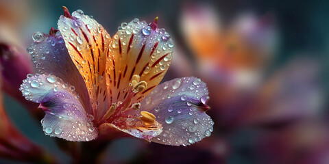 Wall Mural - close up of vibrant flower with water droplets, showcasing its delicate petals and intricate details. colors blend beautifully, creating serene atmosphere