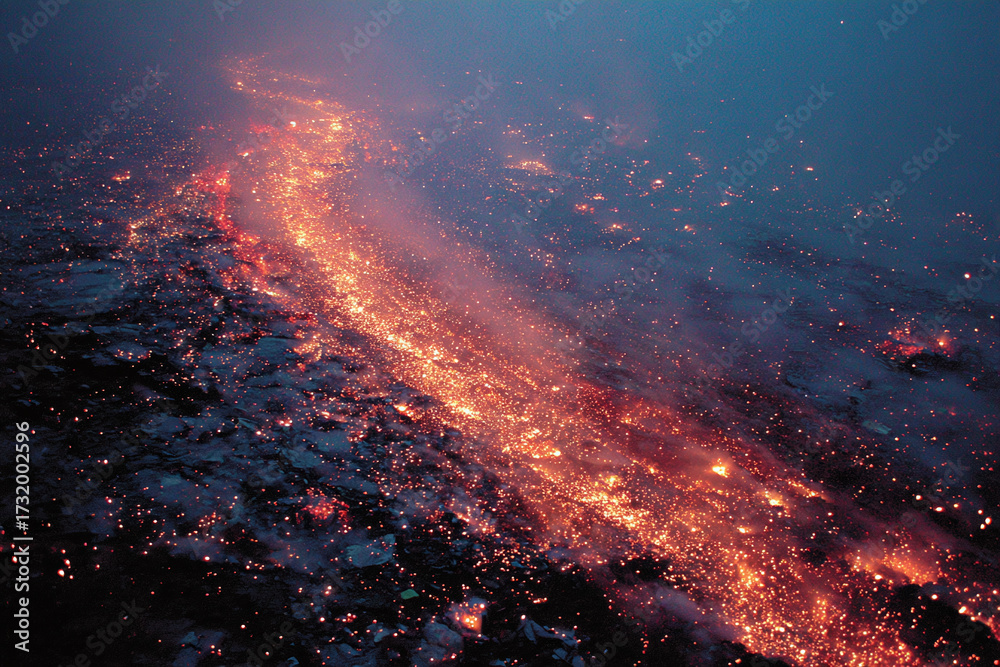 Lava Slope Molten lava cascades down a dark volcanic slope, illuminating the night ...