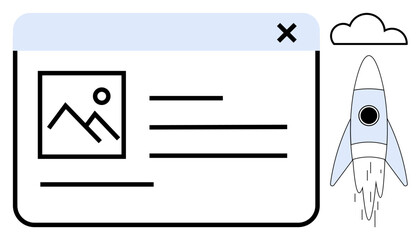 Webpage layout with image and text details beside a launching rocket. Ideal for innovation, startup, technology, progress, growth, development, web design. Simple flat metaphor
