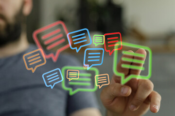 Man touching digital speech bubble concept for digital communication in business and personal life. Technology concept for seo.