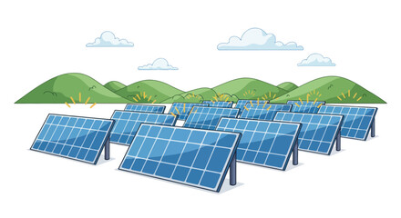 Array of solar panels on a green hillside under a cloudy sky.