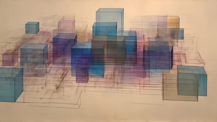 Abstract composition of translucent cubes and architectural outlines