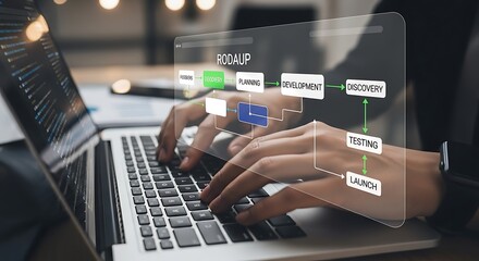 Hands typing on laptop with software development process diagram overlayed on screen