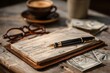© ckybe - Checkbook open on wooden desk with pen glasses bills and coffee cup wide shot view