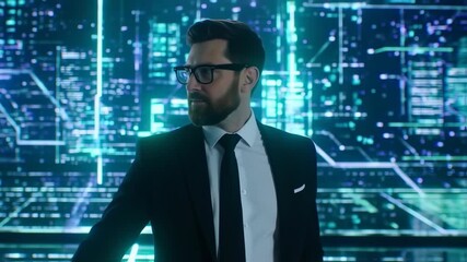 Businessman in front of a futuristic digital cityscape