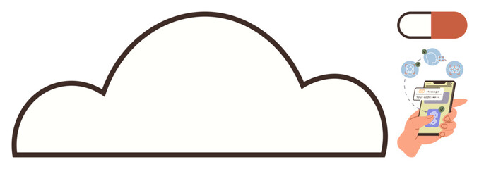 Cloud outline, mobile phone with medical prescription data, molecules, and capsule. Ideal for healthcare, telemedicine, medical apps, cloud tech, data management remote care simple flat metaphor