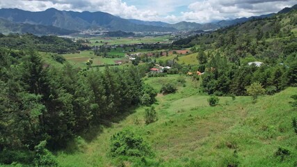 Wall Mural - Lush green Constanza valley, village, mountains, and pine forests, agricultural landscape in Dominican Republic, central highlands. Aerial forward