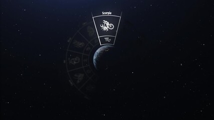 Wall Mural - Scorpio zodiac sign revealed on glowing horoscope wheel with shining stars background perfect for astrology apps and daily horoscope videos