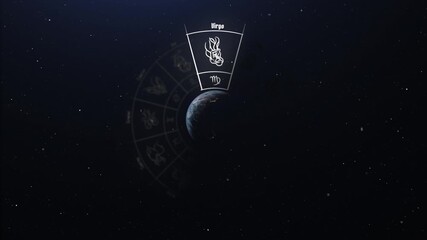 Wall Mural - Virgo zodiac sign revealed on glowing horoscope wheel with shining stars background perfect for astrology apps and daily horoscope videos