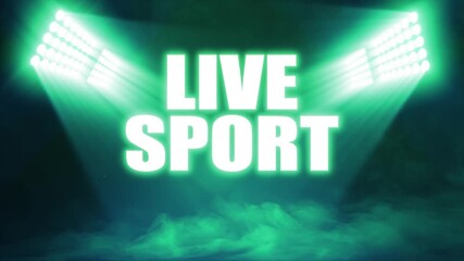 Wall Mural - Animated sports graphic with 'Live Sport' text, with bright banks of floodlights shining dramatic volumetric light over a misty, atmospheric scene, in deep green color palette