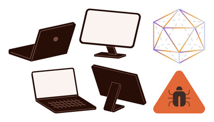 Laptops, monitors, geometric shape, and bug warning sign symbolizing cybersecurity, technology, systems management, collaboration, software development troubleshooting problem-solving. Perfect
