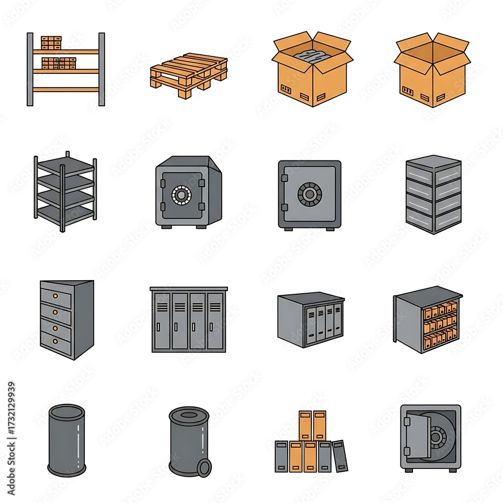 Safe Relocker Icon A collection of illustrated storage and security icons, including ...
