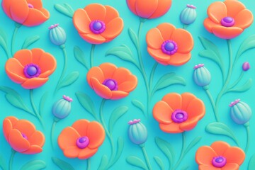 Wall Mural - Bright stylized orange and purple poppy flowers with green stems and leaves on a soft blue background, playful floral abstract pattern design. Ai generative