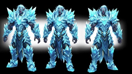 Three figures in stylized ice armor against a black background