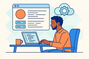 Male developer working on a laptop with cloud settings and interface elements on light background in creative flat illustration style. Ai generative