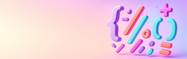 Colorful 3D-style programming symbols on right with pastel gradient background and empty copy space for technology banner or design template. Ai generative