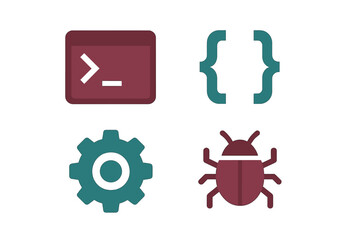 Modern essential software development icons featuring terminal, code, settings, and bug symbols for programming projects