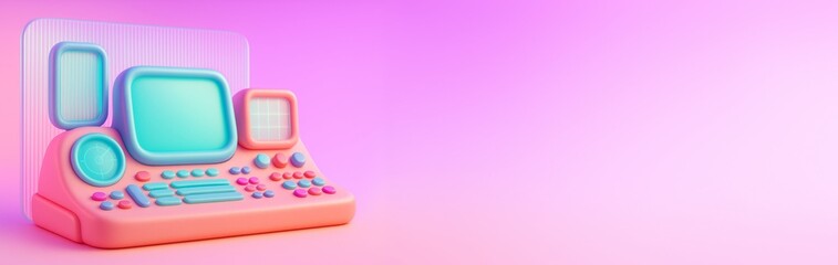 Futuristic retro-style control panel with colorful buttons and screens on a pink gradient background with copyspace for design or banner use. Ai generative