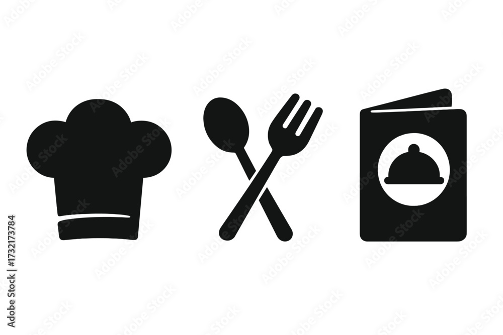 culinary icon - chef hat with crossed fork and spoon... Stock-Vektorgrafik „Culinary icon set with chef hat, crossed fork ...