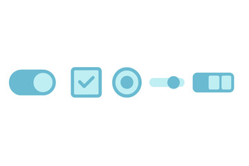 Set of essential user interface elements featuring various toggles, checkboxes, radio buttons, and sliders for web and mobile application design