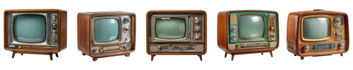 Retro wooden television sets with classic analog screens and dials isolated on transparent background