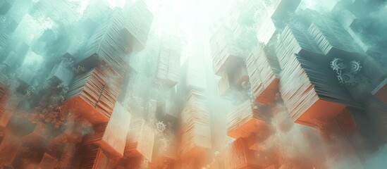 Wall Mural - Futuristic city in fog, abstract digital art.