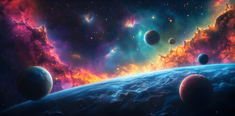 Beautiful cosmic landscape featuring planets, star clusters, and swirling nebula galaxies, designed for outer space exploration themes, sci-fi concepts, and educational designs.