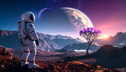 An astronaut exploring a vibrant alien planet with mountains, a purple tree, and a large planet in the background, space.