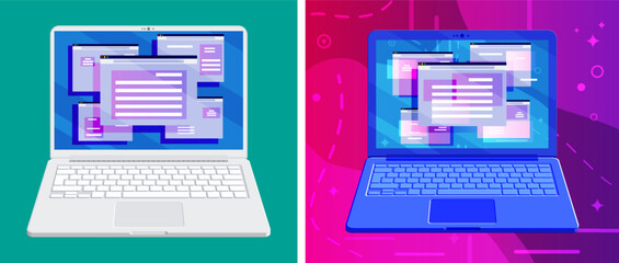 Open laptop with multiple website windows on screen. Flat design for web development and multitasking concept. Digital technology.
