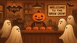 © Asraful - Halloween coffee shop with friendly pumpkin head barista and ghost customers celebrating spooky season in a cozy setting