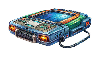 Watercolor rendition of a retro futuristic device with a screen
