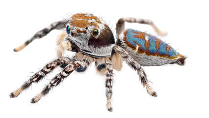 Macro photograph of a colorful jumping spider with intricate patterns on its body and legs against a black background