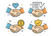 © Angle - Handshake vector icon set. Partnership, agreement, good deal concepts. Shaking hands with heart for trust, contract for deal, dollar coin for finance, and shield for security.