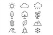 © Arnette - Nature icon set with editable stroke. Simple outline vector symbols of weather, seasons, and plants. Includes sun, cloud, rain, tree, flower, leaf, mountain, wave, snow.