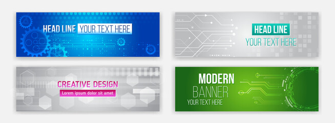Wall Mural - Set of futuristic technology and business banners with gears, circuits, hexagons, and abstract digital patterns, perfect for web design, corporate branding, and presentations.