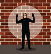 © Eugen - Masked Criminal Caught by Police Hands Up Near Brick Wall. Crime and punishment, investigation of suspect vector art