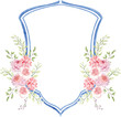 © Nafrin - A beautiful hand drawn watercolor crest adorned with delicate pink roses and lush green leaves, presented on a clean white background for versatile design applications.