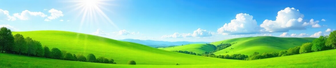 Wall Mural - a vibrant, sun-drenched landscape featuring rolling green hills, a clear blue sky, and fluffy white 